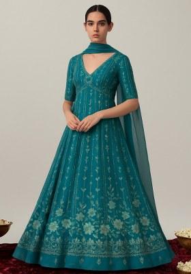 Blue Embroidered Crepe Anarkali Set