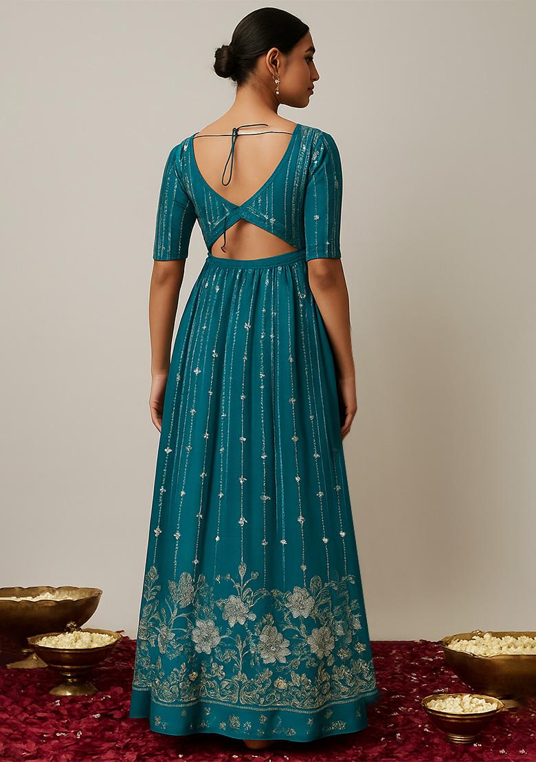 Blue Embroidered Crepe Anarkali Set - Indya
