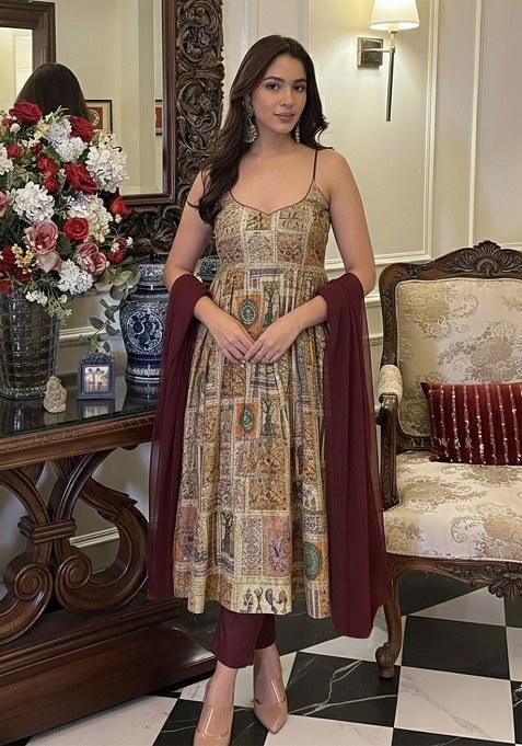 Yellow Printed Silk Kurta Set