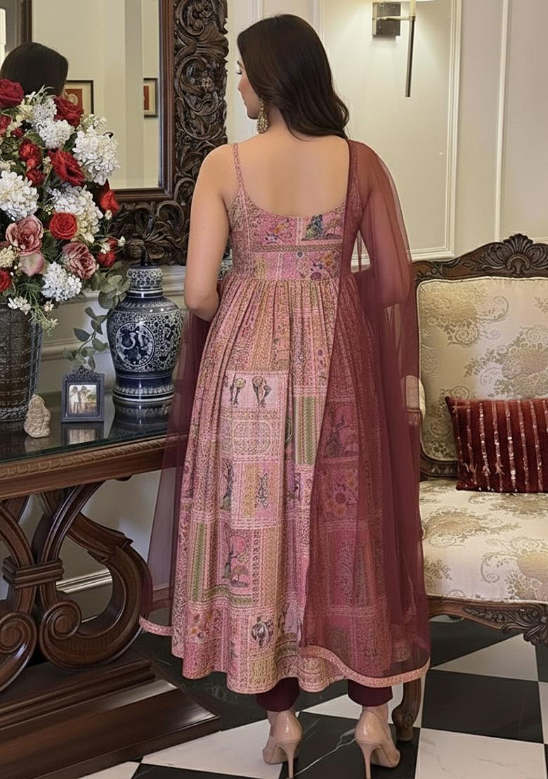Pink Printed Silk Kurta Set - Indya