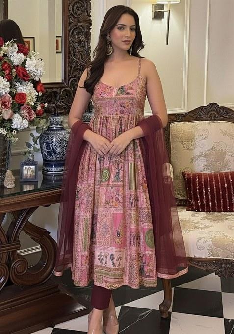 Pink Printed Silk Kurta Set