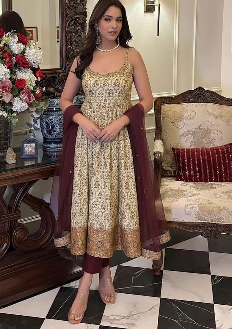 White Embroidered Silk Blend Anarkali Set - Indya