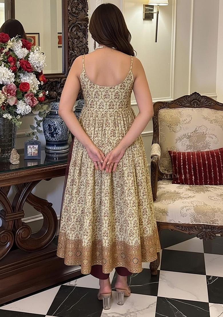 White Floral Print Silk Kurta Set - Indya