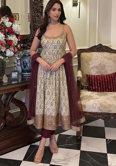 White Floral Print Silk Kurta Set