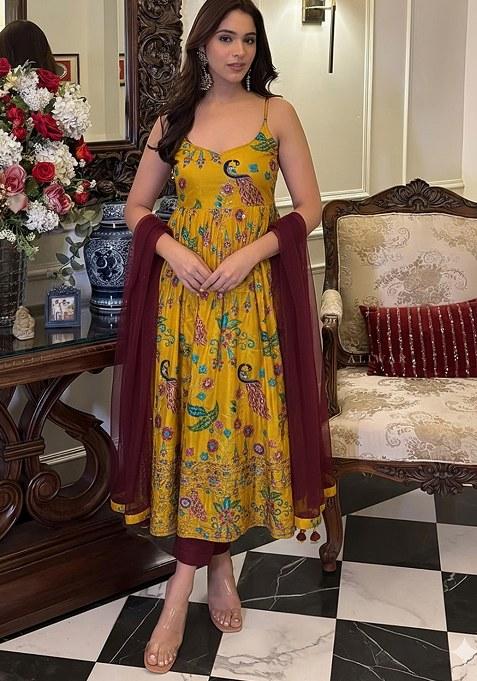 Yellow Embroidered Crepe Kurta Set