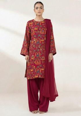 Deep Maroon Printed Crepe Kurta Set