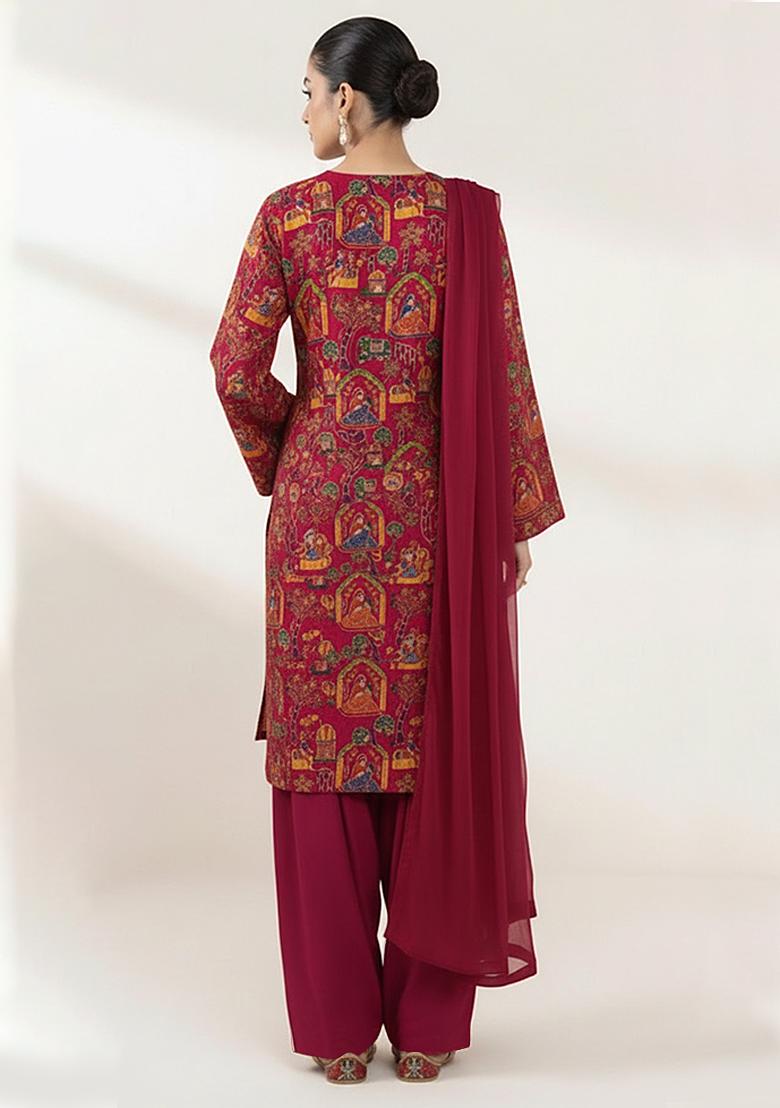 Deep Maroon Printed Crepe Kurta Set - Indya