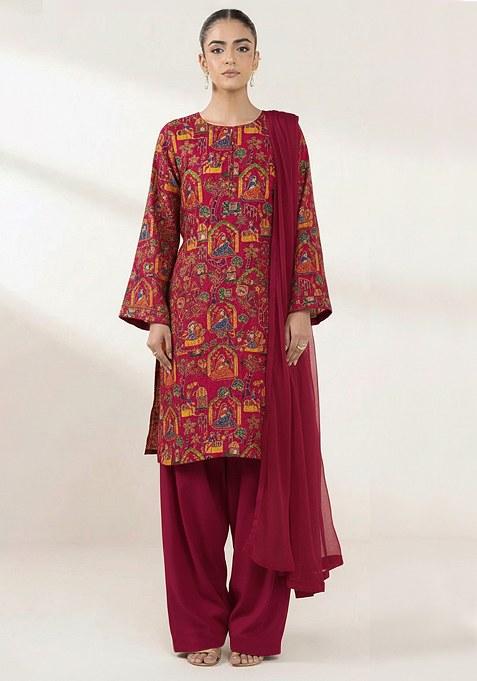 Deep Maroon Printed Crepe Punjabi Suit