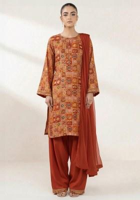 Rust Printed Silk Kurta Set