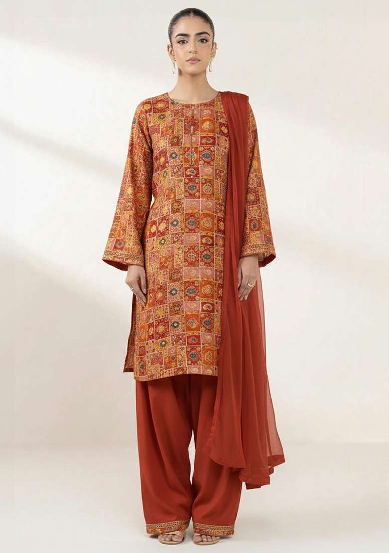 Rust Printed Silk Punjabi Suit - Indya