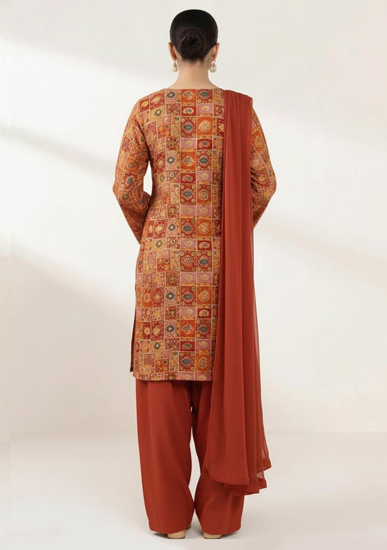 Rust Printed Silk Kurta Set - Indya
