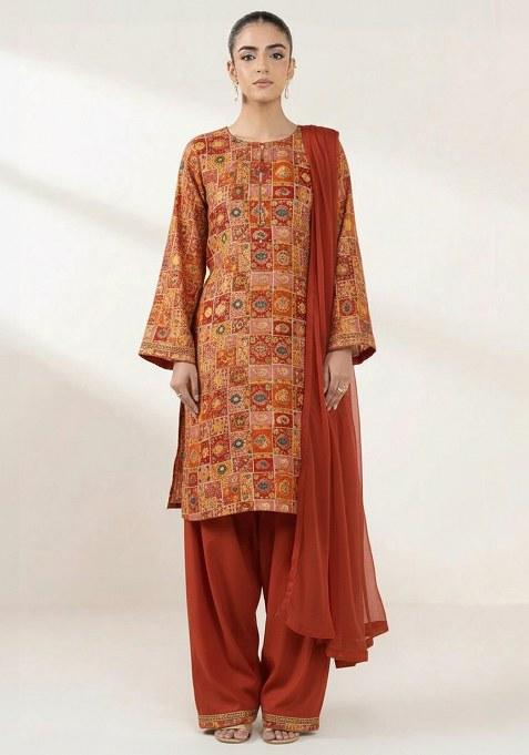 Rust Printed Silk Punjabi Suit