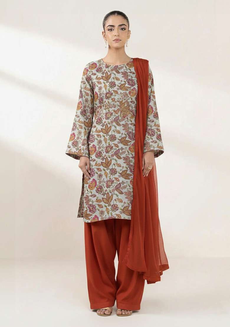 Ivory Floral Print Crepe Punjabi Suit - Indya
