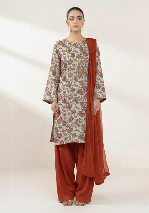 Ivory Floral Print Crepe Punjabi Suit