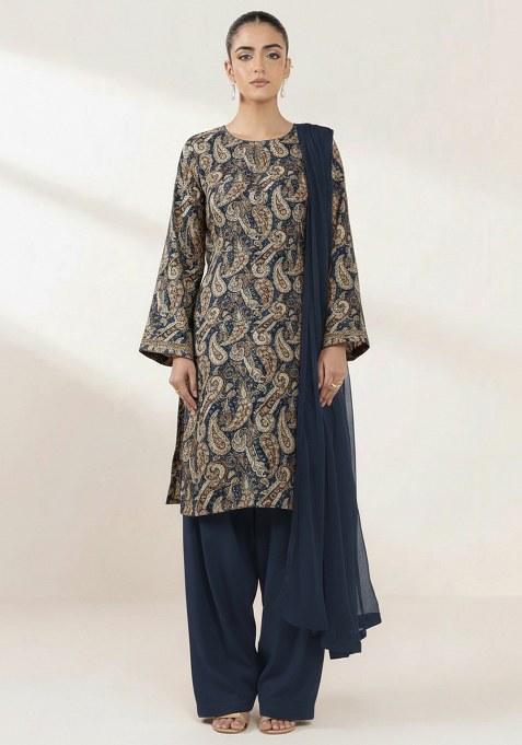 Navy Printed Jacquard Straight Kurta Set