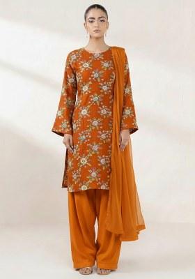 Deep Orange Floral Printed Crepe Kurta Set