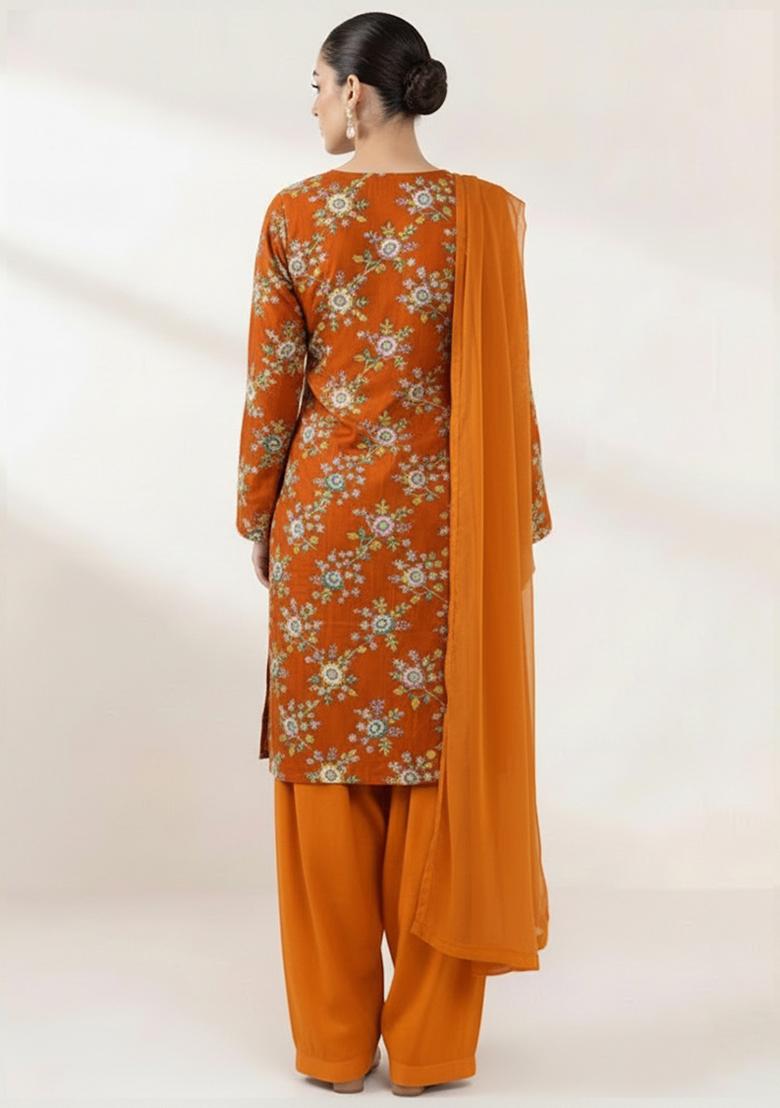Deep Orange Floral Printed Crepe Kurta Set - Indya