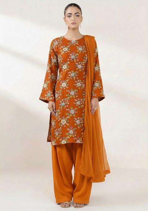Deep Orange Embroidered Crepe Punjabi Suit