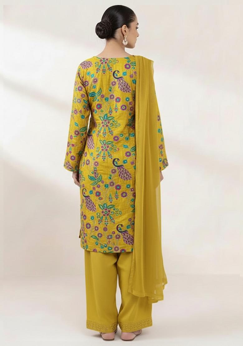 Mustard Yellow Printed Crepe Kurta Set - Indya