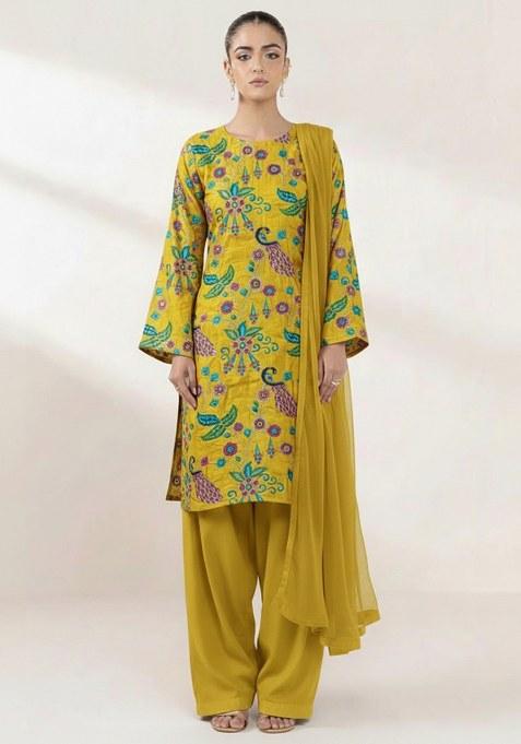 Mustard Yellow Printed Crepe Punjabi Suit
