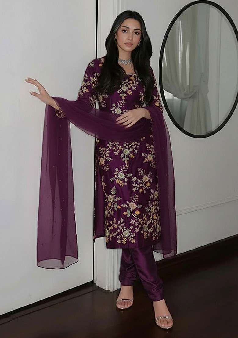 Plum Purple Embroidered Crepe Straight Kurta Set - Indya