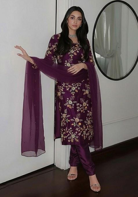Plum Purple Embroidered Crepe Straight Kurta Set