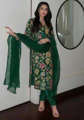 Bottle Green Embroidered Crepe Kurta Set