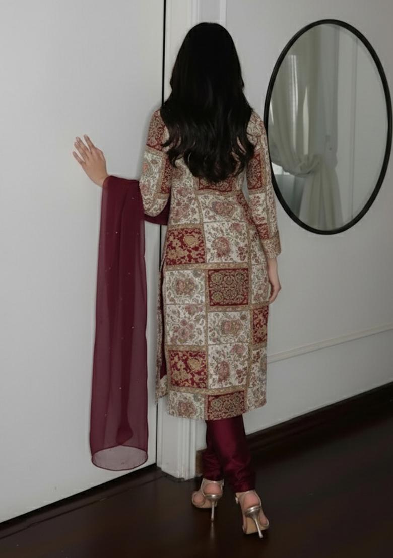 Off White Embroidered Poly blend Kurta Set - Indya