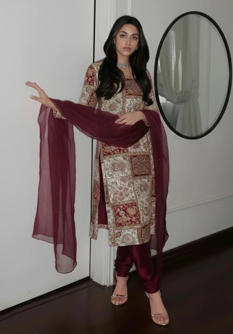 Off White Printed Poly Pakistani Suit Set