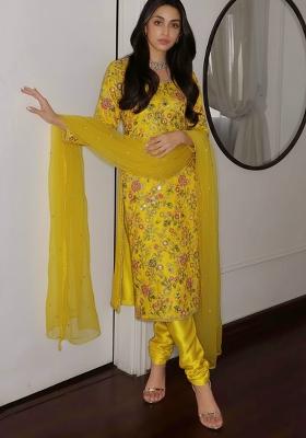 Yellow Embroidered Crepe Kurta Set