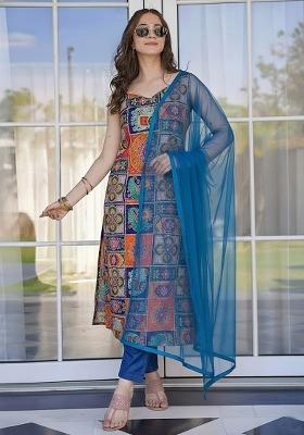 Blue Embroidered Crepe Kurta Set