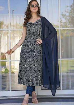 Dark Blue Embroidered georgette Kurta Set