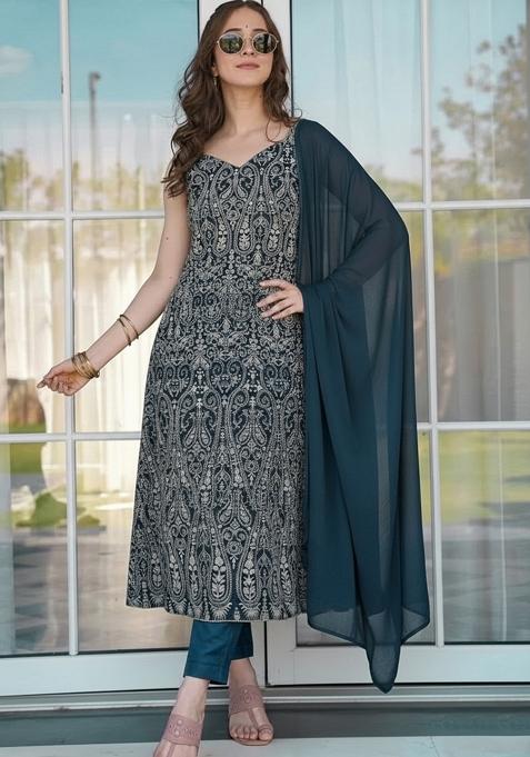 Dark Blue Printed Georgette Pakistani Suit Set