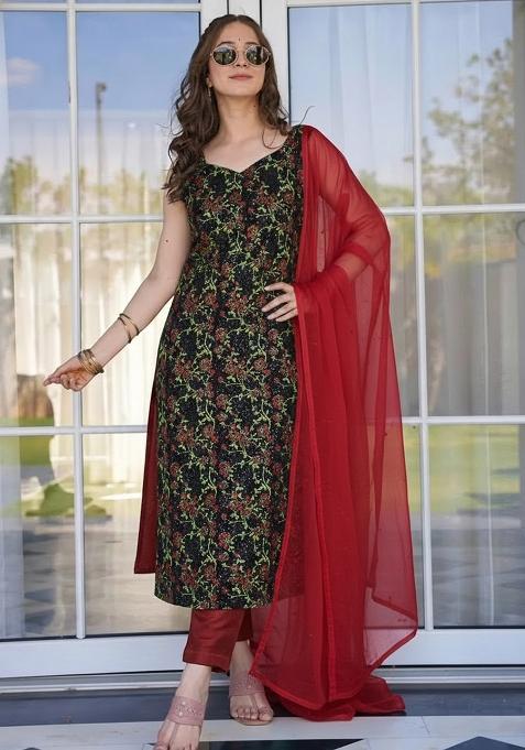 Multicolor Floral Print Silk Straight Kurta Set