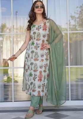 Pista Green Printed Silk Kurta Set
