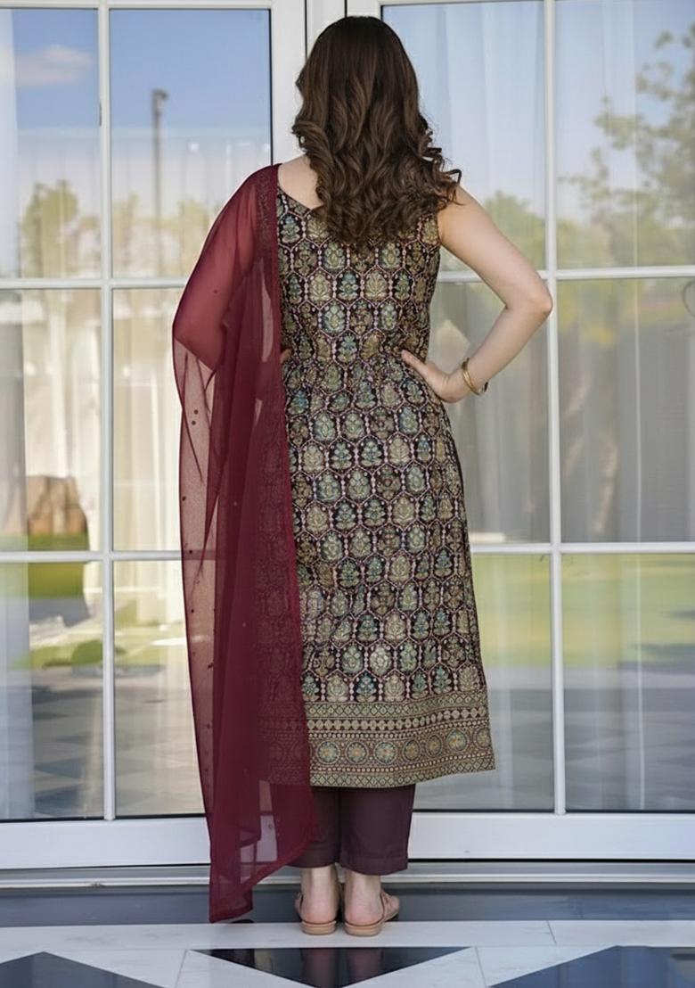 Maroon Printed Silk Kurta Set - Indya