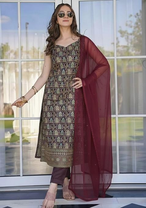 Maroon Printed Silk Pakistani Suit Set