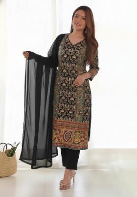 Black Printed Crepe Kurta Set
