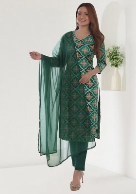 Bottle Green Embroidered Crepe Kurta Set