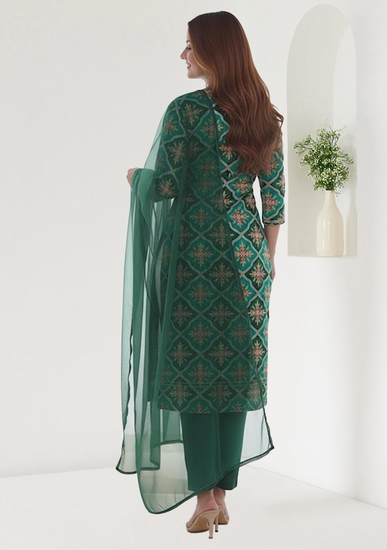 Bottle Green Embroidered Crepe Kurta Set - Indya