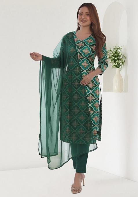 Bottle Green Embroidered Crepe Straight Kurta Set