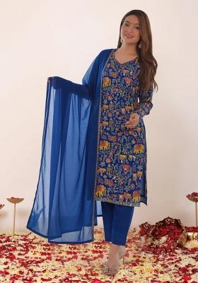 Royal Blue Printed Crepe Kurta Set