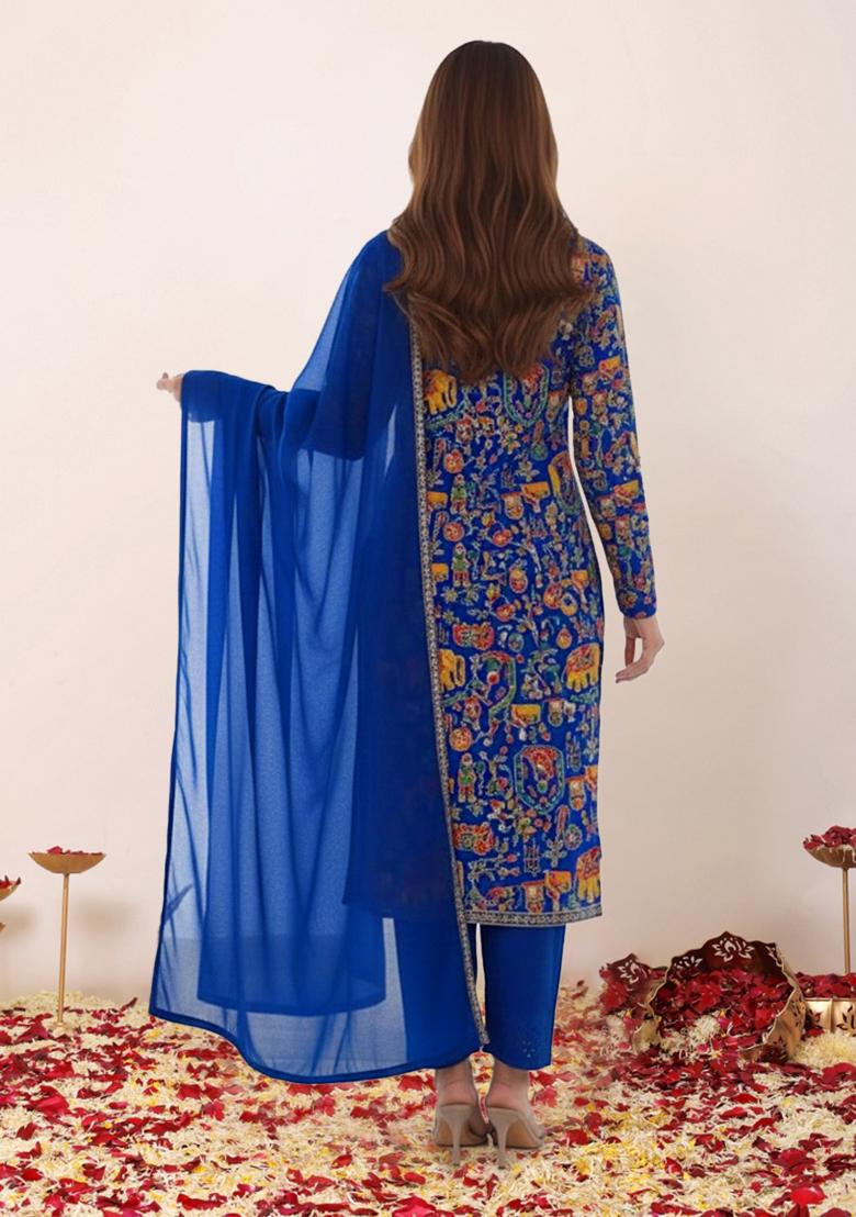 Royal Blue Printed Crepe Kurta Set - Indya