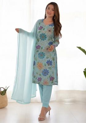 Light Aqua Floral Embroidered Poly blend Kurta Set