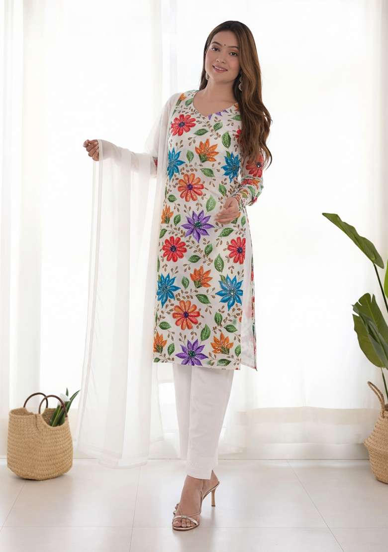 Off White Floral Embroidered Poly blend Kurta Set - Indya