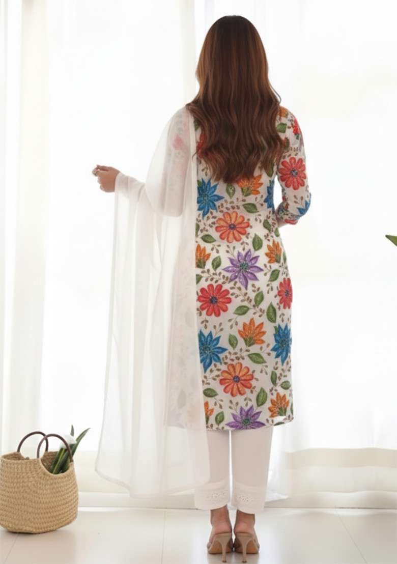 Off White Floral Embroidered Poly blend Kurta Set - Indya