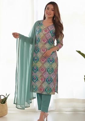 Sea Green Embroidered Poly blend Kurta Set