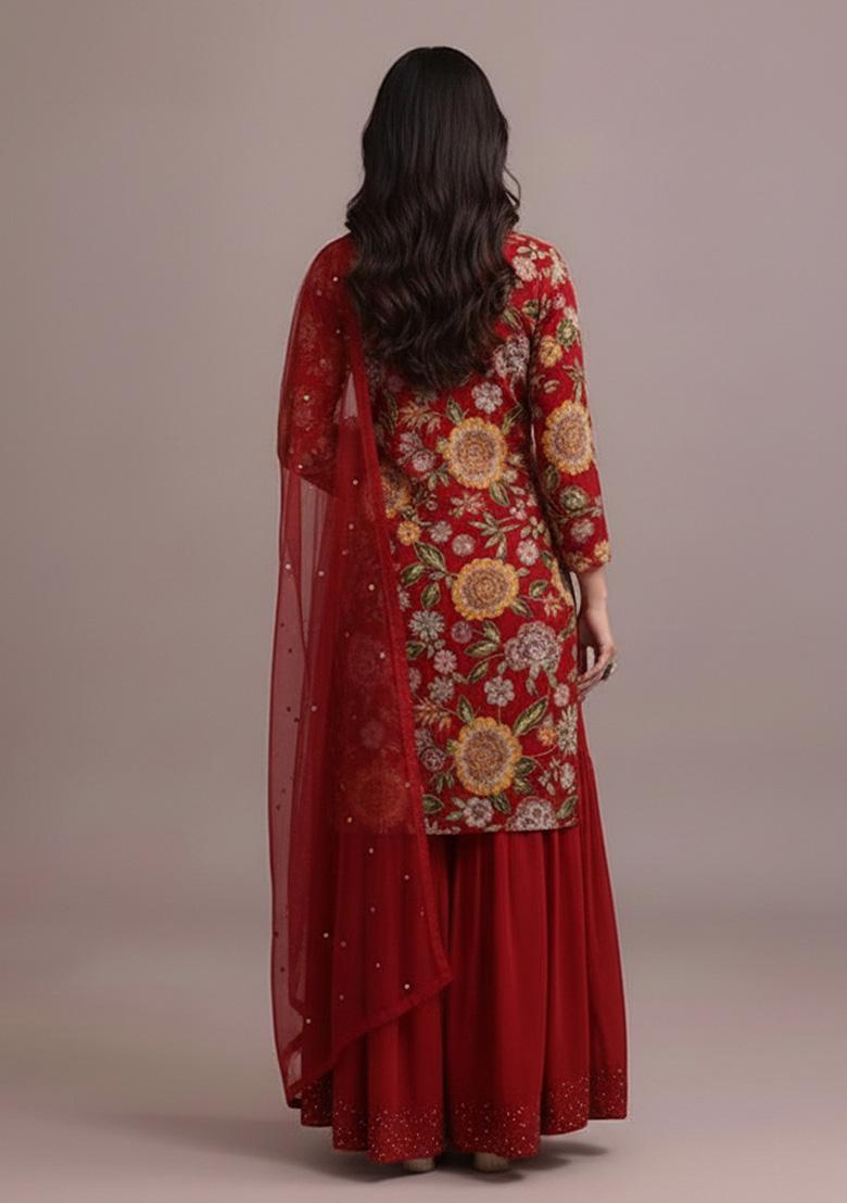 Deep Red Embroidered Crepe Sharara Set - Indya