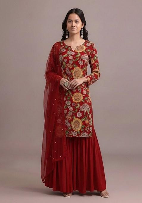 Deep Red Embroidered Crepe Sharara Set