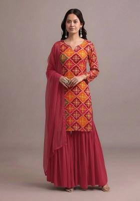 Tomato Red Embroidered Crepe Sharara Set